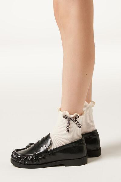 White Ribbed Bow-Detail Cotton Socks, Kids Girls, 5501_590D, large image number 0