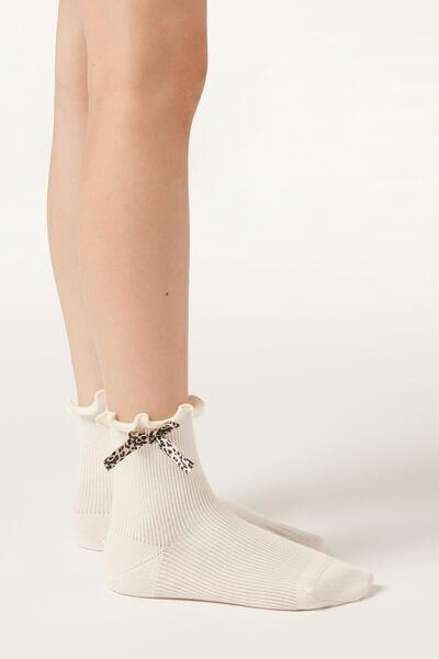 White Ribbed Bow-Detail Cotton Socks, Kids Girls, 5501_590D, large image number 1