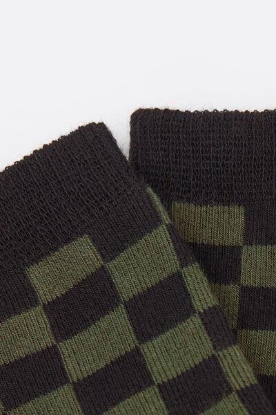 Black / Green Patterned Non-Slip Cotton Socks, Kids Unisex, 5501_593D, medium