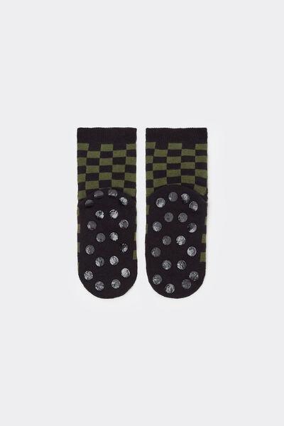 Black / Green Patterned Non-Slip Cotton Socks, Kids Unisex, 5501_593D, medium