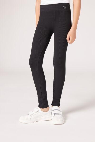 Black Girls Ribbed Leggings, Kids Girls, , large image number 0