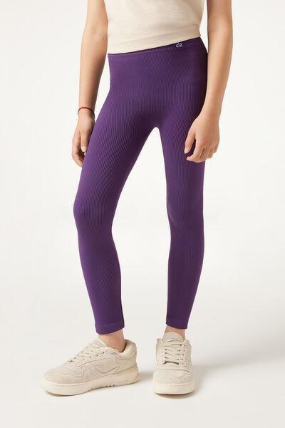 Purple Ribbed Leggings, Kids Girls, , medium