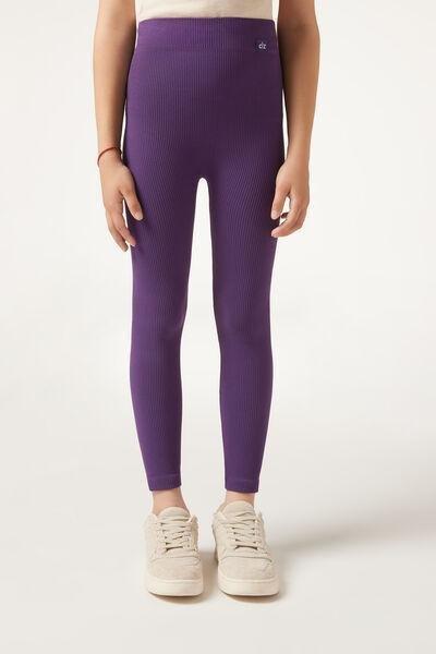 Purple Ribbed Leggings, Kids Girls, , large image number 1