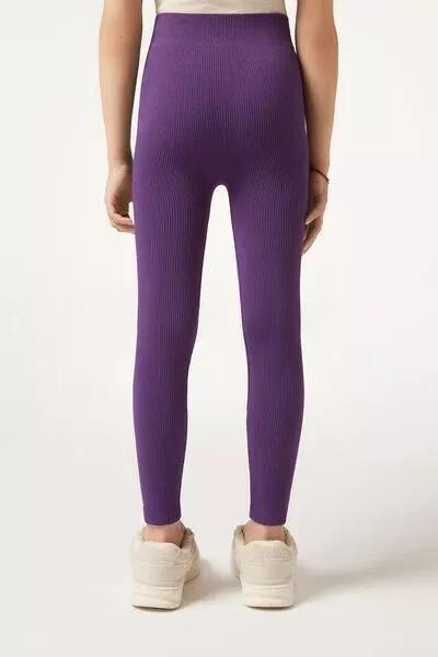 Purple Ribbed Leggings, Kids Girls, 5501_133F, large image number 2