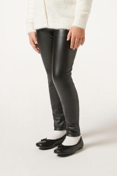 Black Leather Effect Thermal Leggings, Kids Girls, , large image number 1