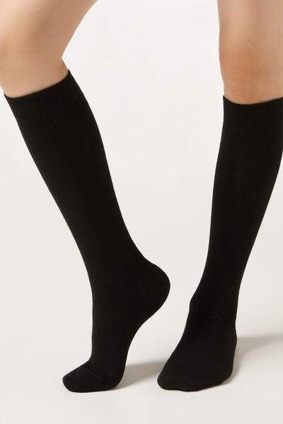 Black Breathable Cotton Long Socks, Kids Unisex, Black, medium