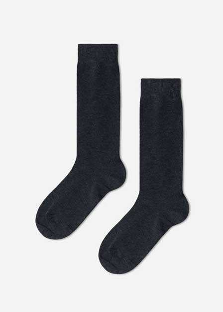 Calzedonia - Grey Blend Breathable Cotton Long Socks, Kids Girls