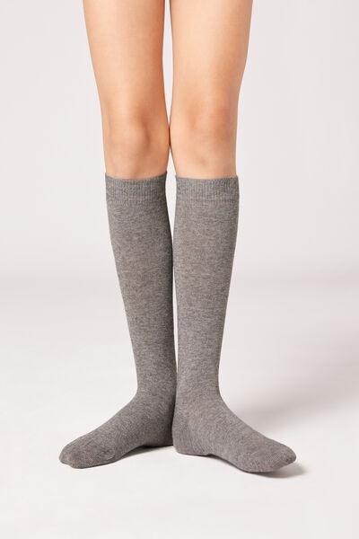 Grey Blend Breathable Cotton Long Socks, Kids Girls, Grey Blend, medium
