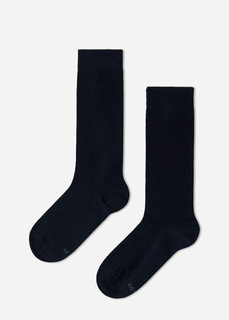 Blue Light Cotton Long Socks, Kids Girl, , large image number 0