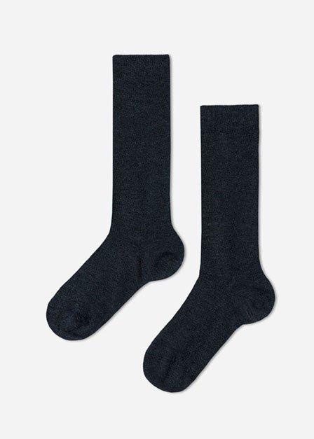Denim Blue Blend Light Cotton Long Socks, Kids Girl, , large image number 0