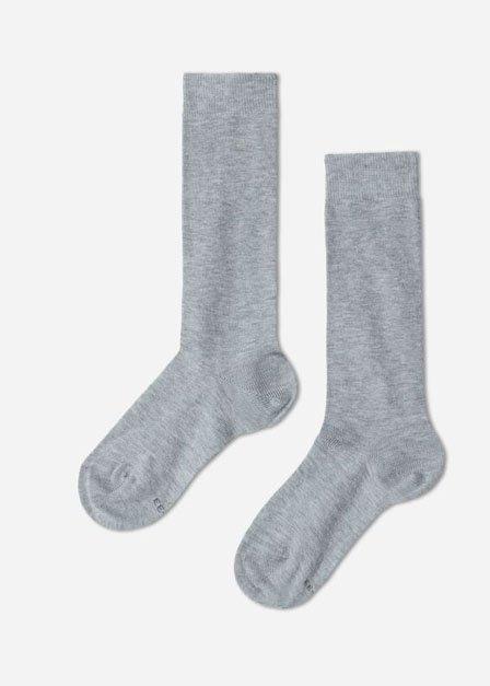 Grey Fleece Light Cotton Long Socks, Kids Girl, , large image number 0