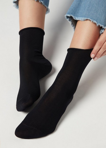 Calzedonia - Blue Short Lisle Socks With Raw Cut Cuffs, Women - One-Size