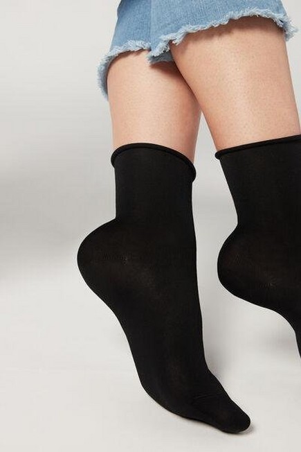 Calzedonia - Black Short Lisle Socks With Raw Cut Cuffs, Women - One-Size