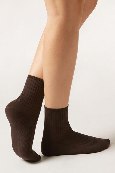 Brown Ribbed Short Cotton Socks, Chestnut Brown, large image number 0