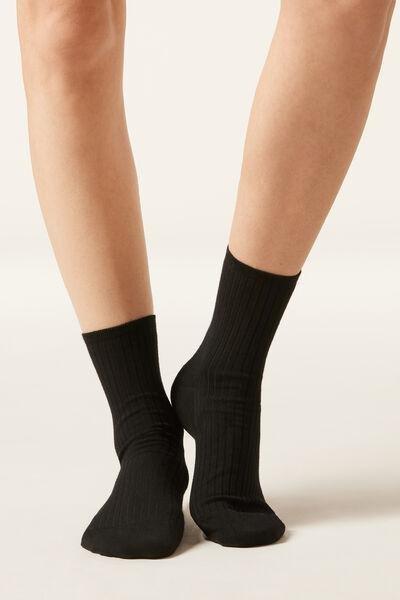 Black Ribbed Short Cotton Socks, Black, large image number 0