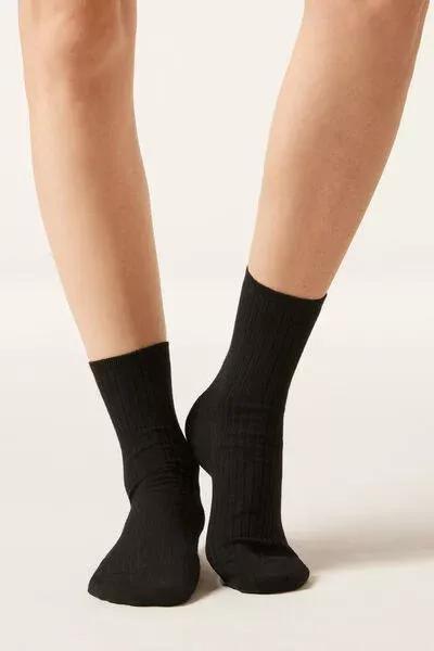 Black Ribbed Short Cotton Socks, Black, medium