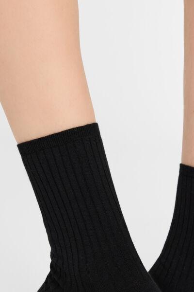 Black Ribbed Short Cotton Socks, Black, medium