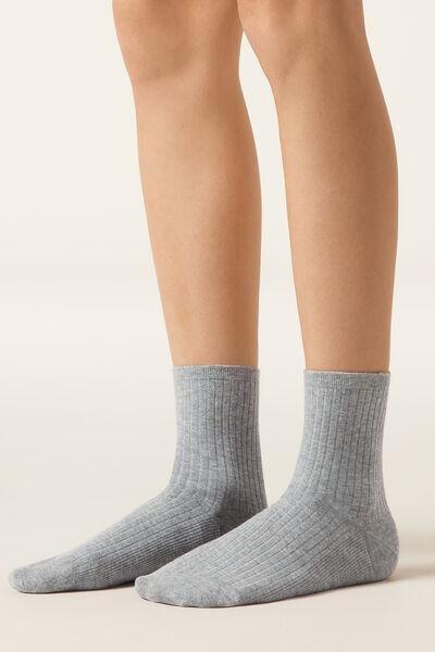Grey Ribbed Short Cotton Socks, Grey Blend, large image number 0