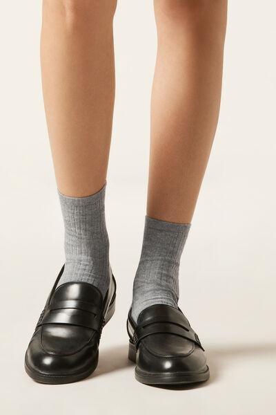 Grey Ribbed Short Cotton Socks, Grey Blend, large image number 1