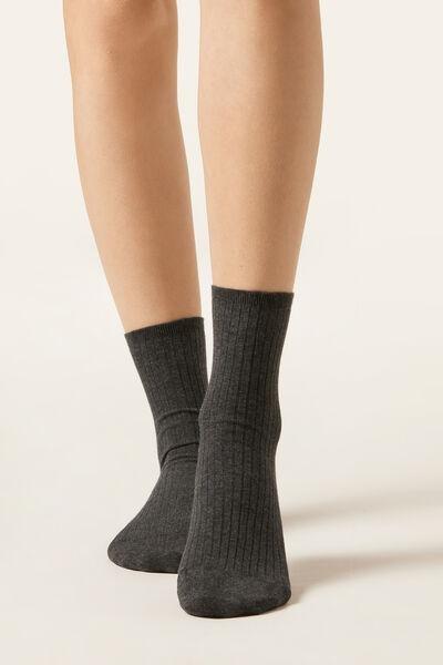 Grey Ribbed Short Cotton Socks, Charcoal Grey Blend, medium