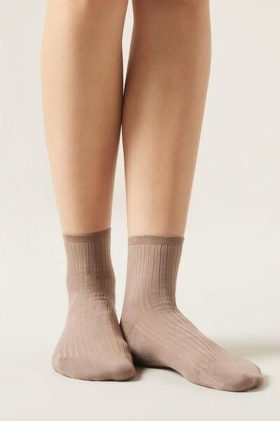 Brown Ribbed Short Socks, , large image number 0
