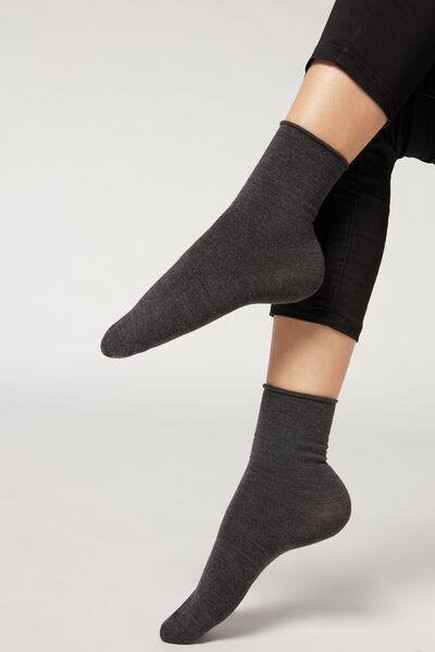 Calzedonia - Charcoal Grey Blend Wool And Cotton Short Socks, Women - One-Size