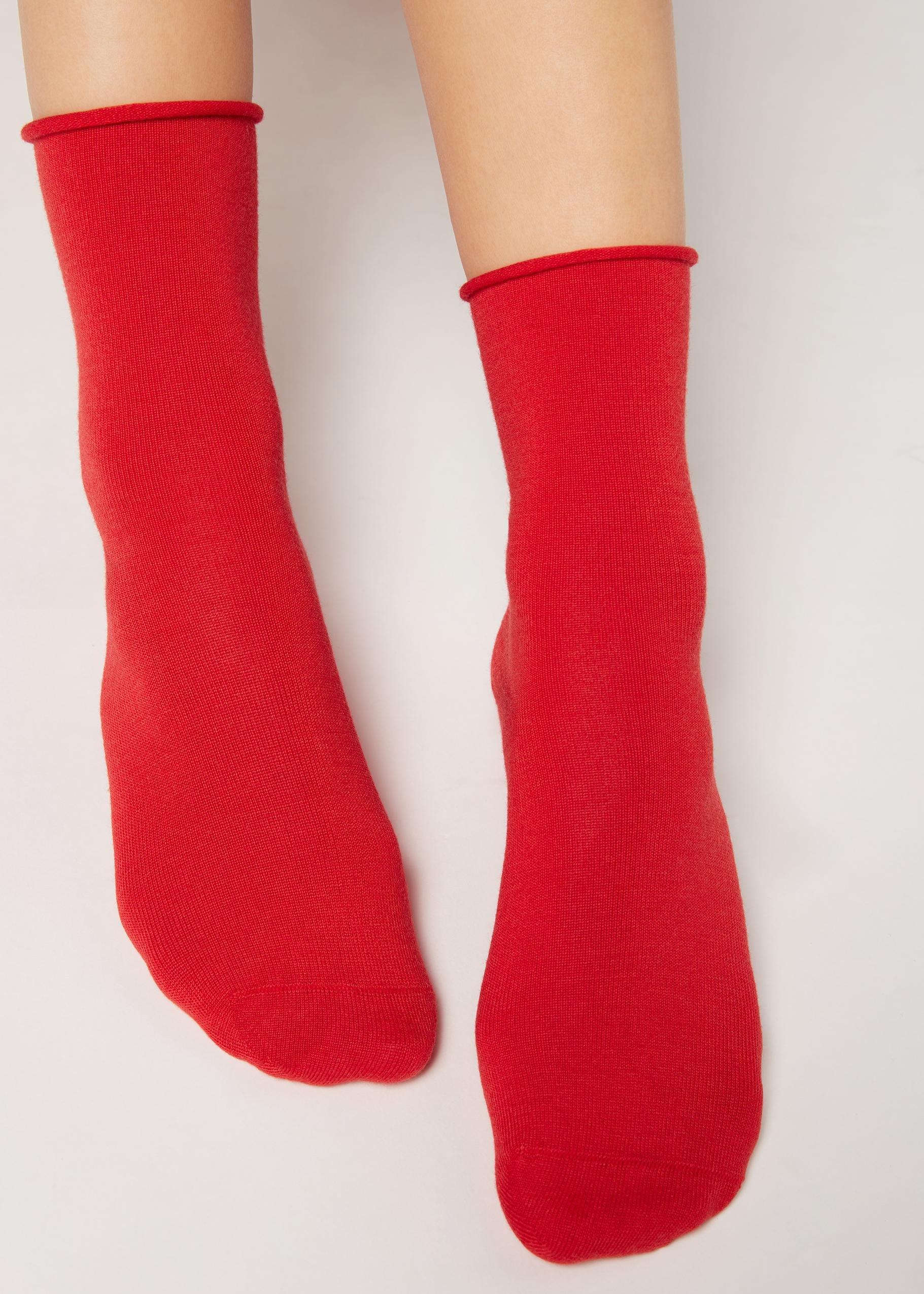 Shiny Red Wool And Cotton Short Socks, Women - One-Size, , large image number 0