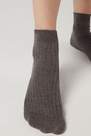 Calzedonia - Mid Grey Blend Short Ribbed Socks With Cotton And Cashmere, Women