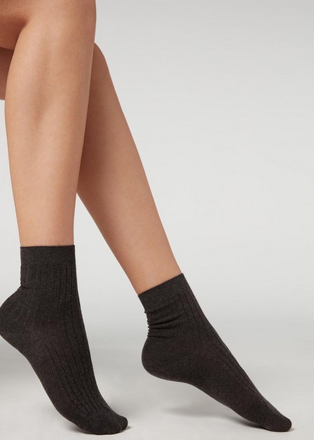 Calzedonia - Charcoal Grey Blend Short Ribbed Socks With Cotton And Cashmere, Women