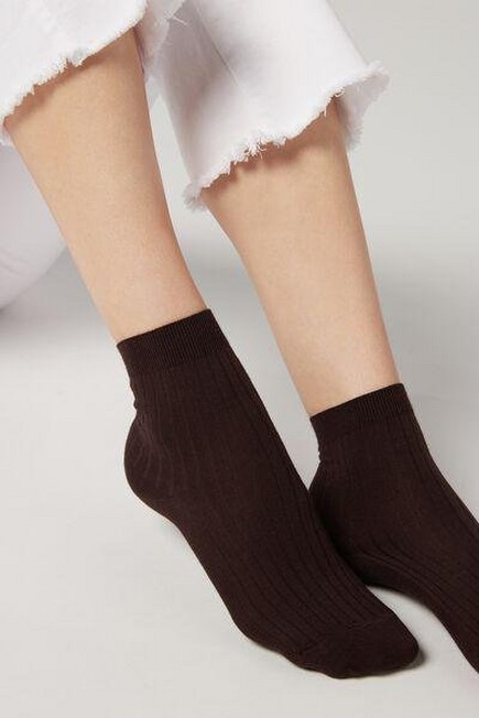 Calzedonia - Brown Short Ribbed Socks With Cotton And Cashmere, Women