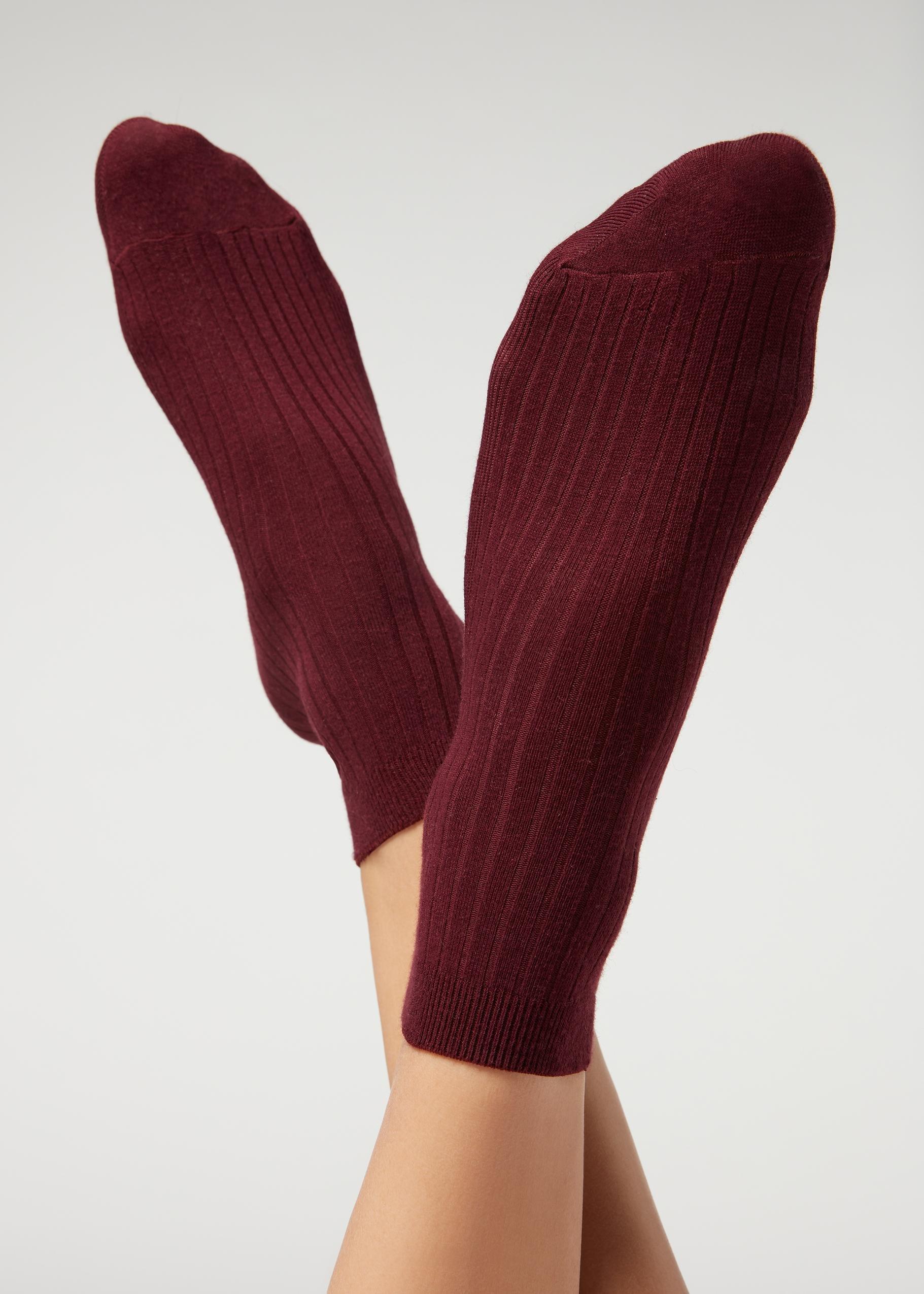 Burgundy Red Short Ribbed Socks With Cotton And Cashmere, Women, , large image number 0