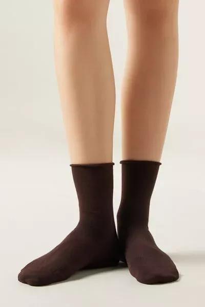 Brown Non-Elastic Cotton Ankle Socks, Brown, large image number 1