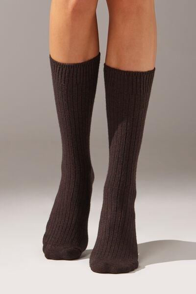 Brown Short Ribbed Socks, Brown, large image number 1