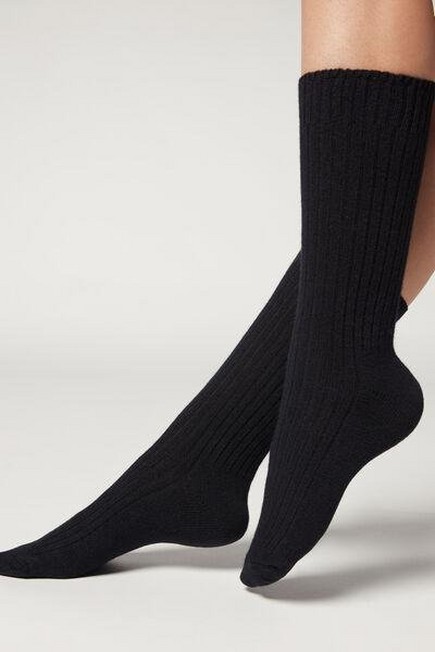 Calzedonia - Blue Short Ribbed Socks With Wool And Cashmere, Women - One-Size