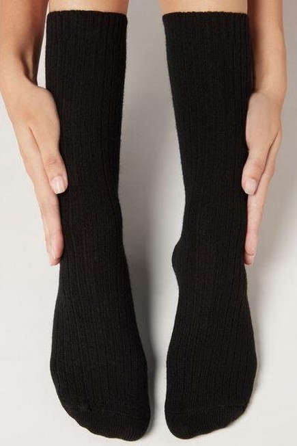 Calzedonia - Black Short Ribbed Socks With Wool And Cashmere, Women - One-Size