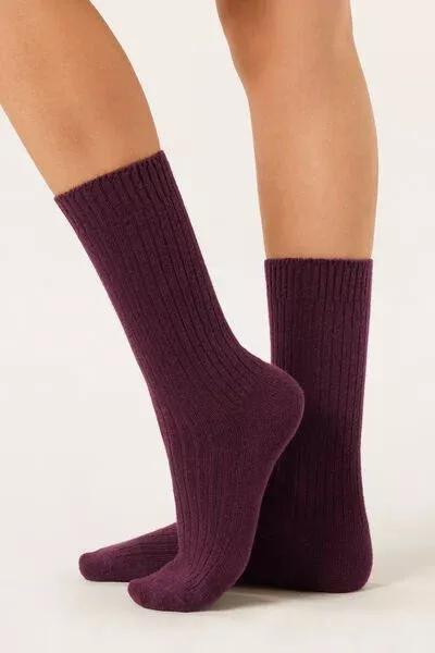 Burgundy Wool And Cashmere Short Ribbed Socks, 5501_174D, large image number 0