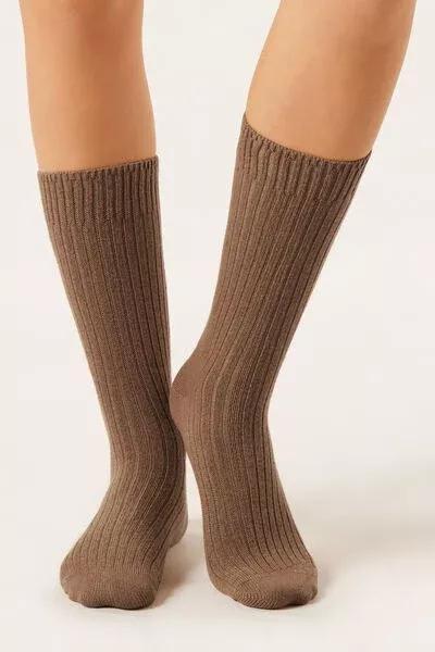 Brown Short Ribbed Socks With Wool And Cashmere, 5501_606D, large image number 0