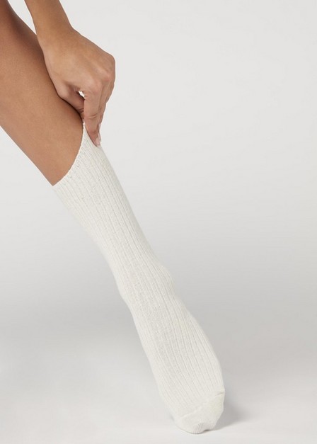 Calzedonia - Milk White Short Ribbed Socks With Wool And Cashmere, Women - One-Size