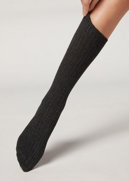 Calzedonia - Charcoal Grey Short Ribbed Socks With Wool And Cashmere - One-Size ,Women