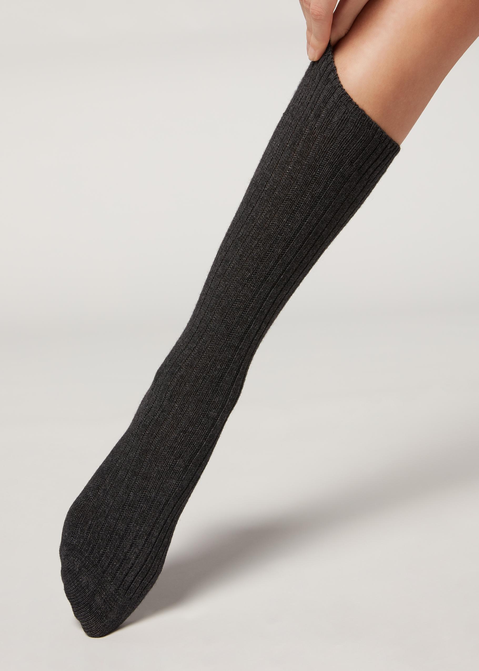 Charcoal Grey Short Ribbed Socks With Wool And Cashmere - One-Size ,Women, Charcoal Grey Blend, large image number 0