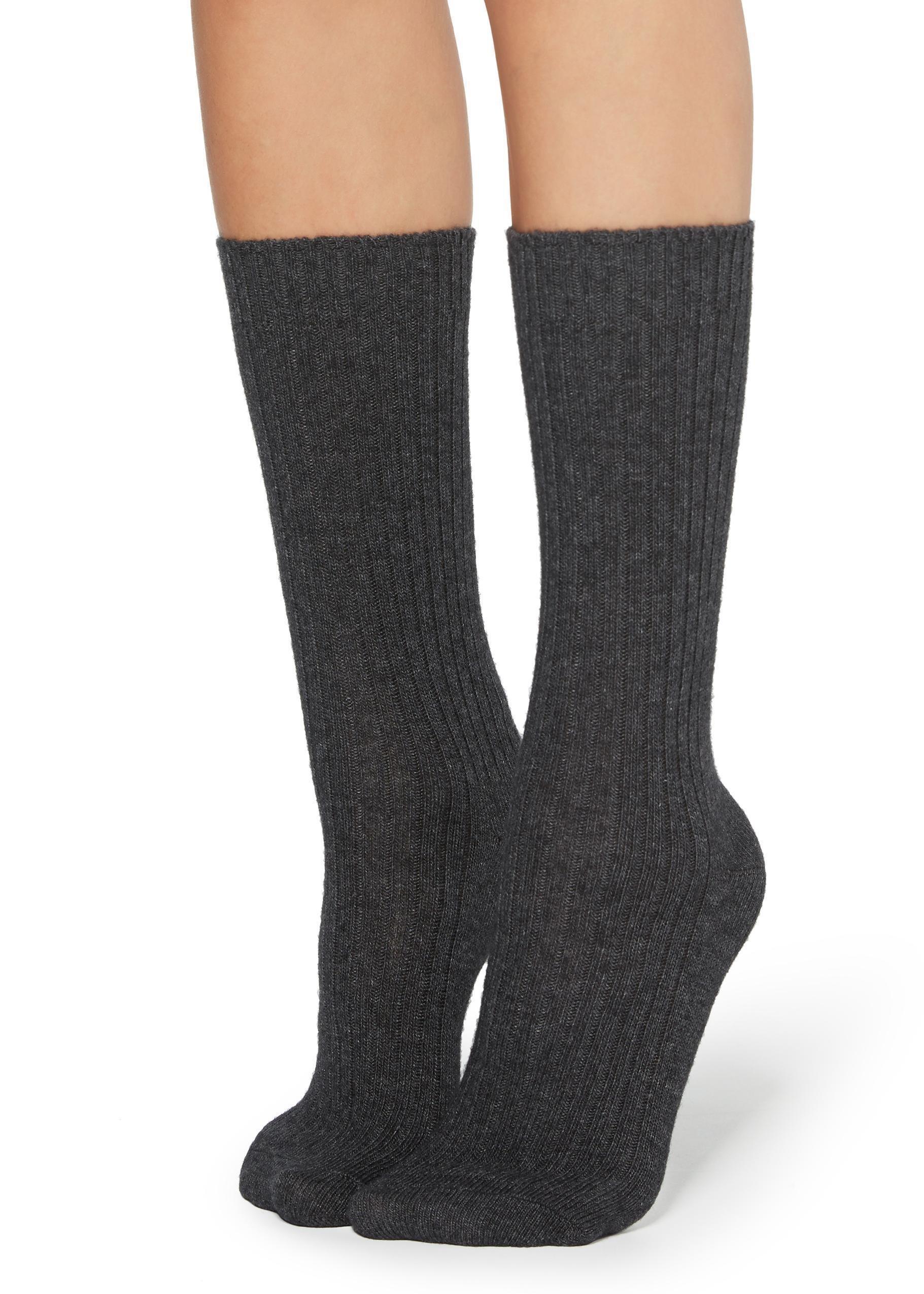 Charcoal Grey Short Ribbed Socks With Wool And Cashmere - One-Size ,Women, Charcoal Grey Blend, large image number 1