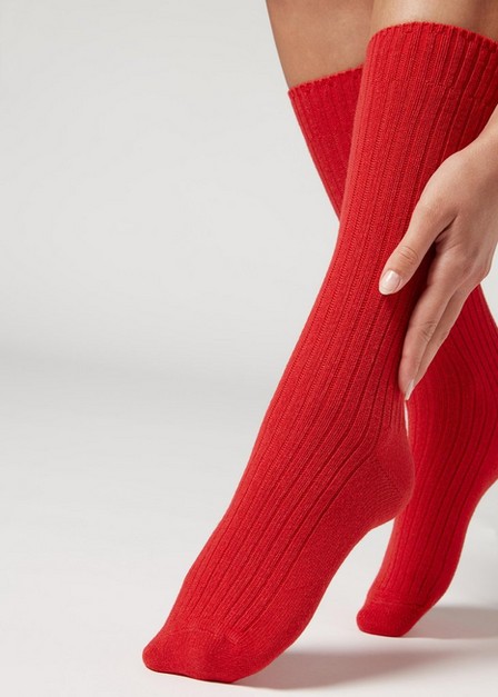 Calzedonia - Shiny Red Short Ribbed Socks With Wool And Cashmere, Women - One-Size