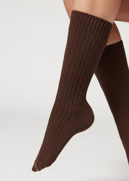 Calzedonia - Cocoa Brown Short Ribbed Socks With Wool And Cashmere, Women - One-Size