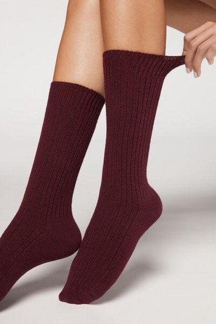 Calzedonia - Rhubarb Red Short Ribbed Socks With Wool And Cashmere, Women - One-Size