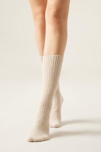 Beige Short Ribbed Cashmere Socks, 5501_9603, large image number 0
