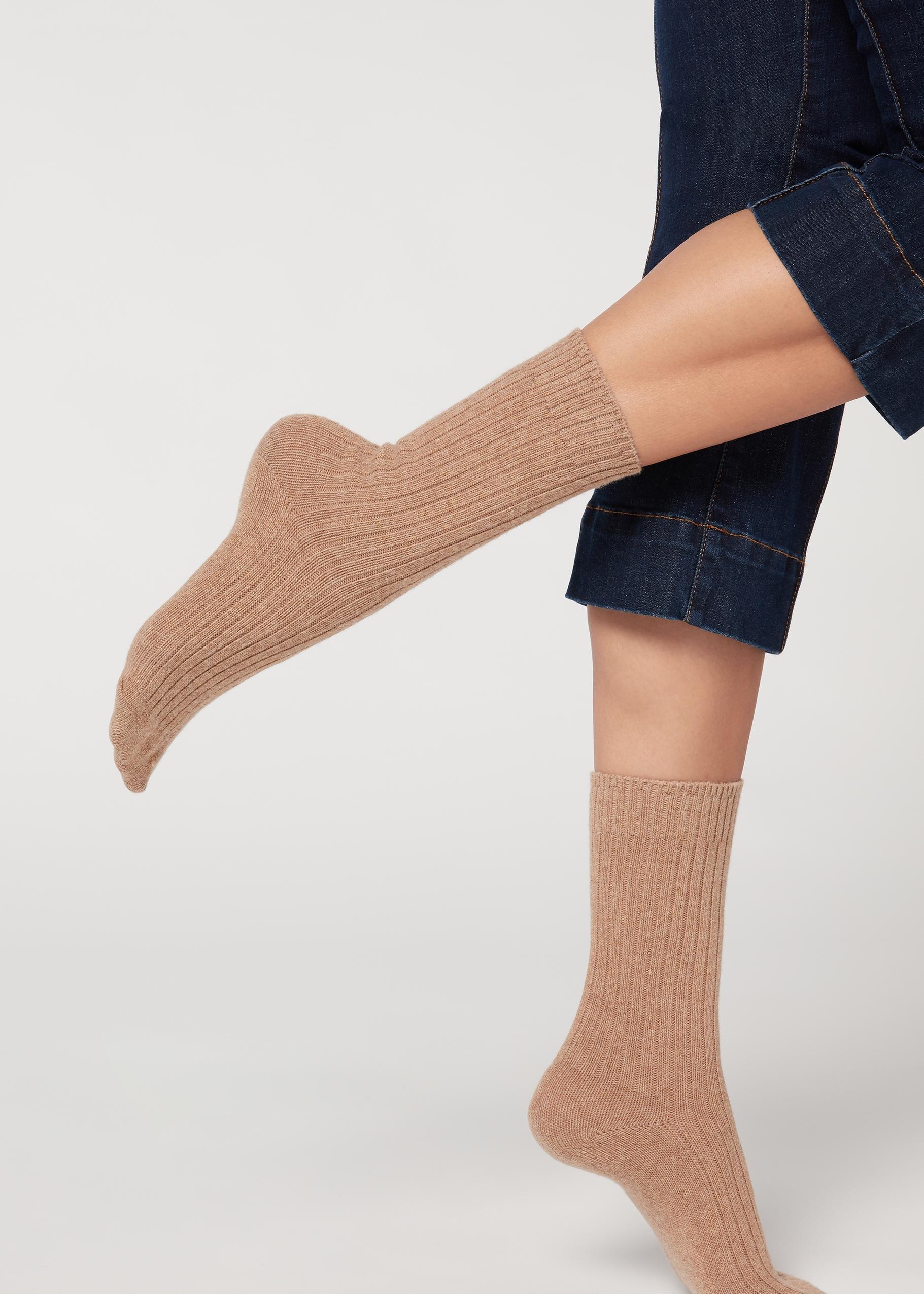 Brown Camel Short Ribbed Socks With Wool And Cashmere, Women - One-Size, , large image number 0