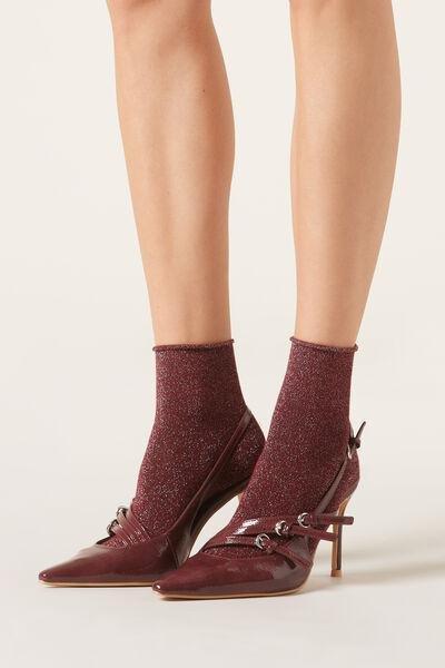 Burgundy Glitter Short Socks, 5501_332D, large image number 0