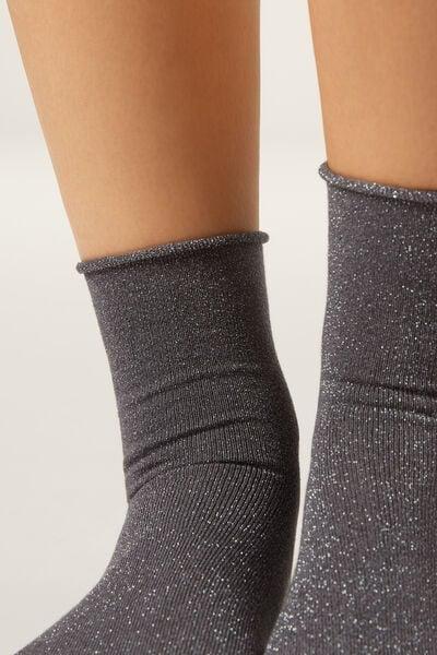 Grey Glitter Ankle Socks, Charcoal Grey Glitter, large image number 0