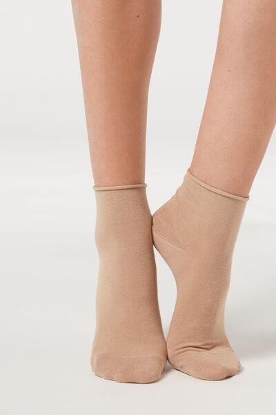 Beige Cotton Bandless Short Socks, 5501_9579, large image number 0