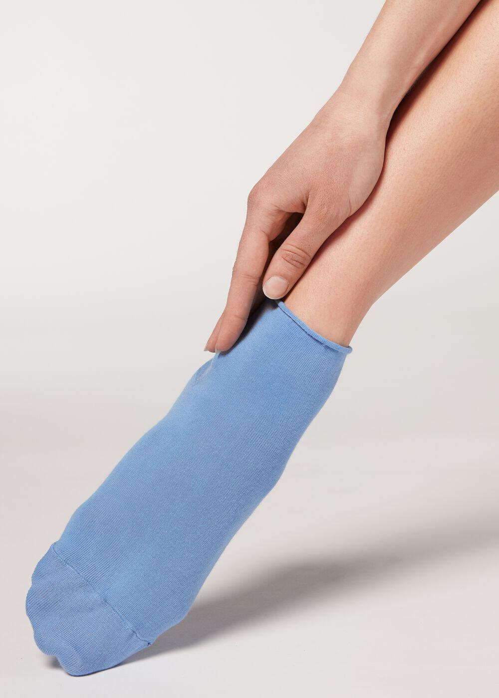 Light Denim Blue Extra Short Flat-Knit Bandless Cotton Socks, , large image number 0